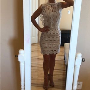 White lace dress with beige under tones